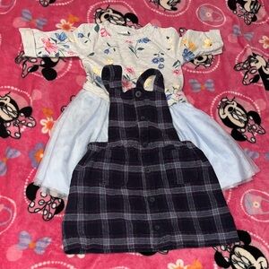 Toddler Blue and Floral Dress and Plaid Overall 3T